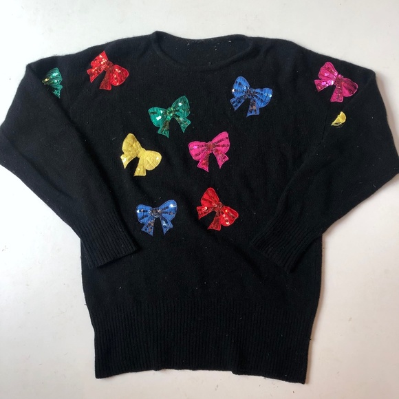 Vintage Sweaters - Vintage Allover Sequin Bows Black Knit Sweater
